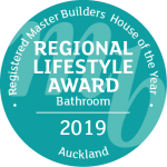 "2019 Auckland Registered Master Builders Regional Lifestyle Bathroom Award badge.